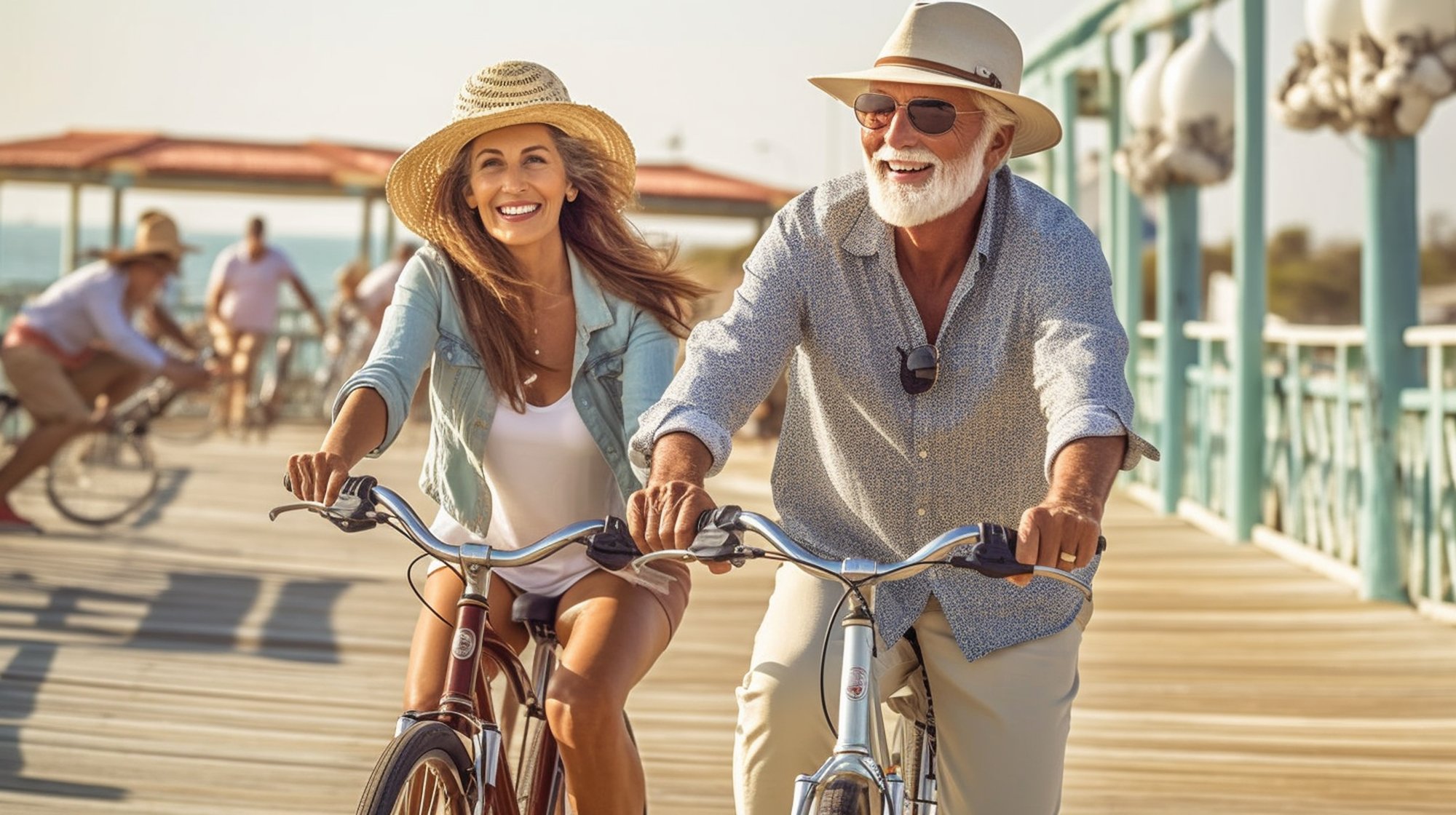 happy-senior-couple-riding-bikes-beach-they-are-looking-camera-smilinggenerative-ai